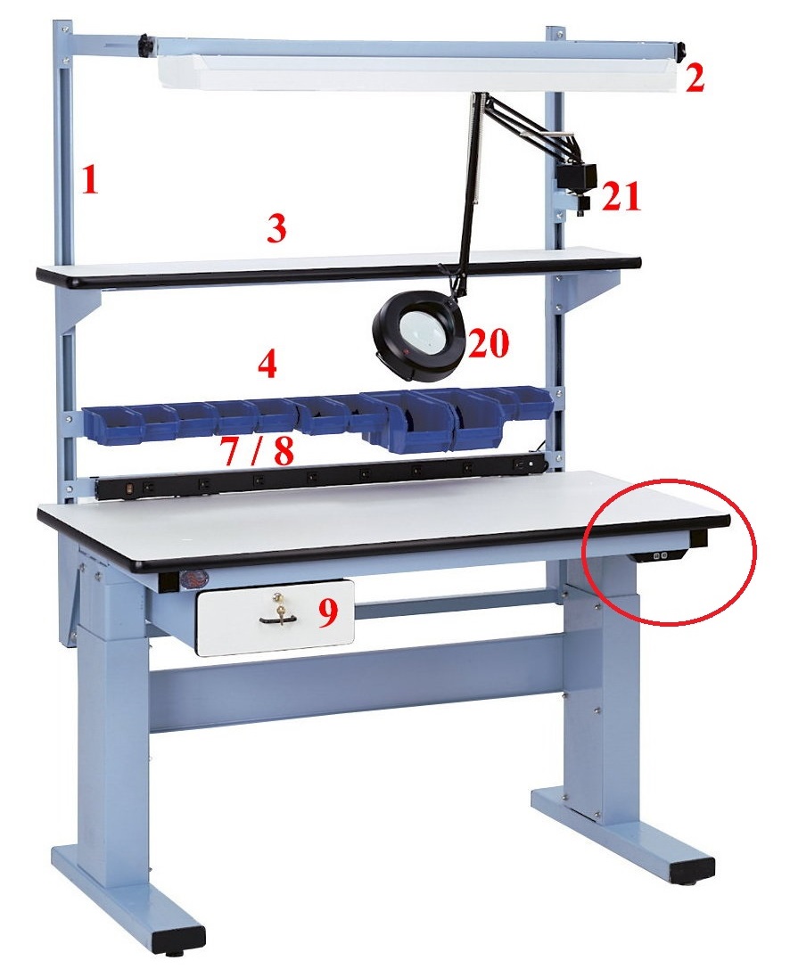 MVSII height adjustable workbench with numbers and red circle